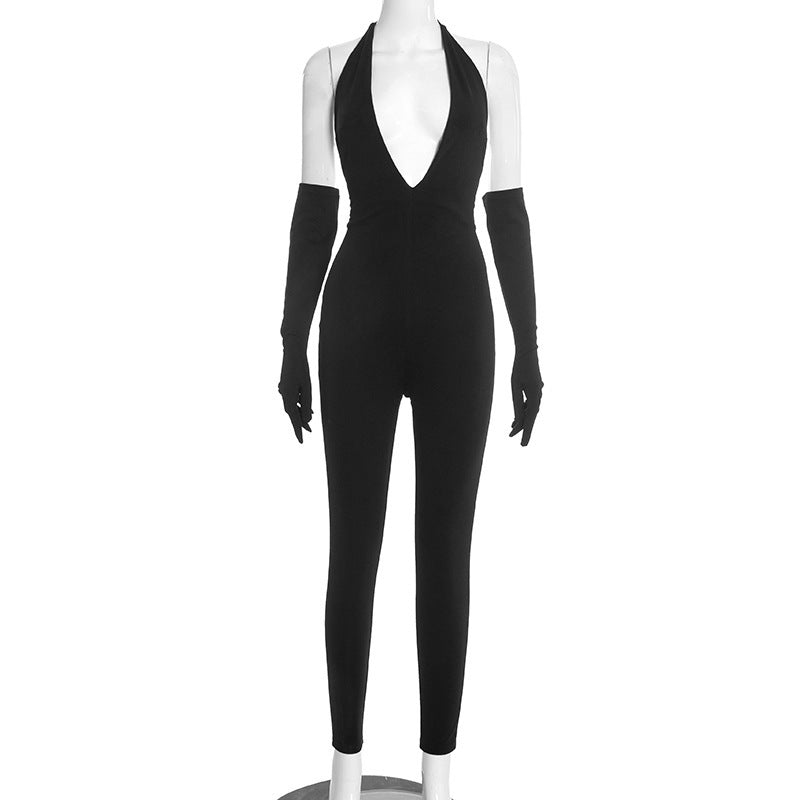 Sexy Solid Color Elegant Halter Neck Fitted Deep V-Neck Backless Jumpsuit for Women