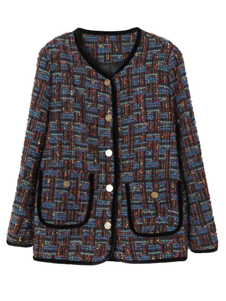 Fashion Women's Jackets New Tweed Round Neck Loose Single Breasted Long Sleeve Lattice Coat Female Autumn