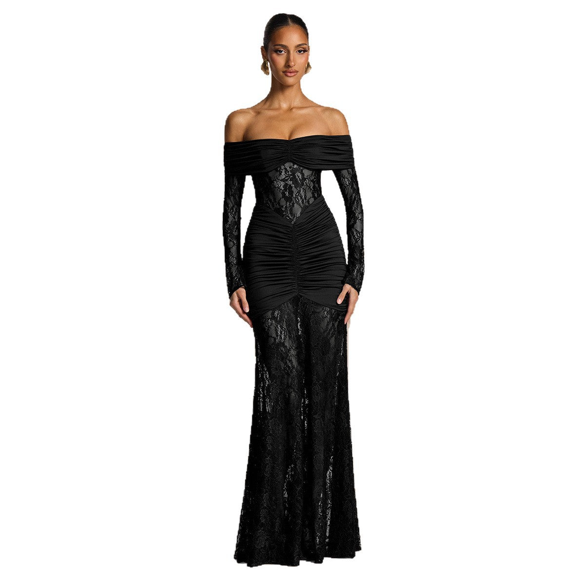 Elegant Lace Splicing One-Shoulder Long Sleeve Bodycon Dress for Women Evening Gown