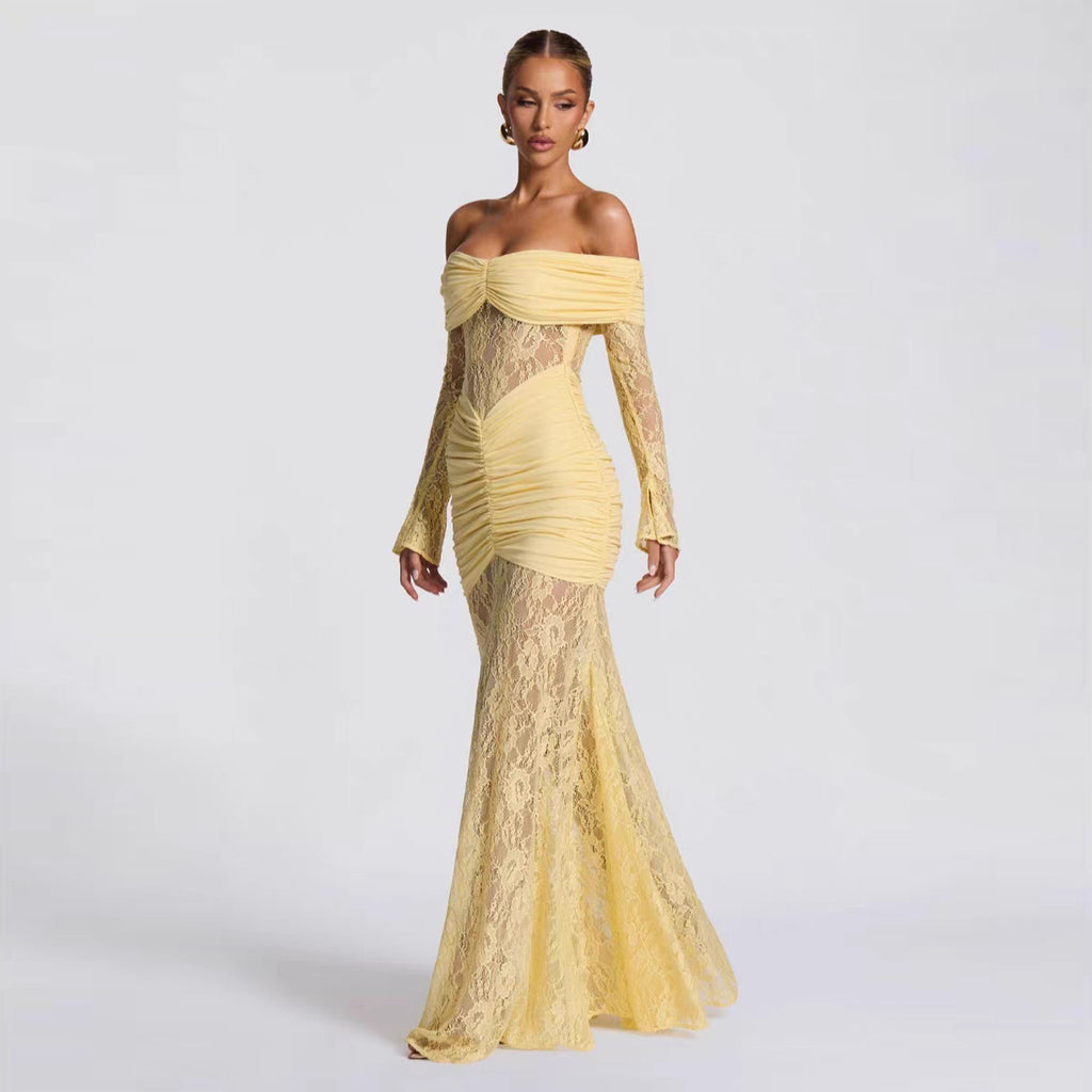 Elegant Lace Splicing One-Shoulder Long Sleeve Bodycon Dress for Women Evening Gown