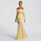 Elegant Lace Splicing One-Shoulder Long Sleeve Bodycon Dress for Women Evening Gown