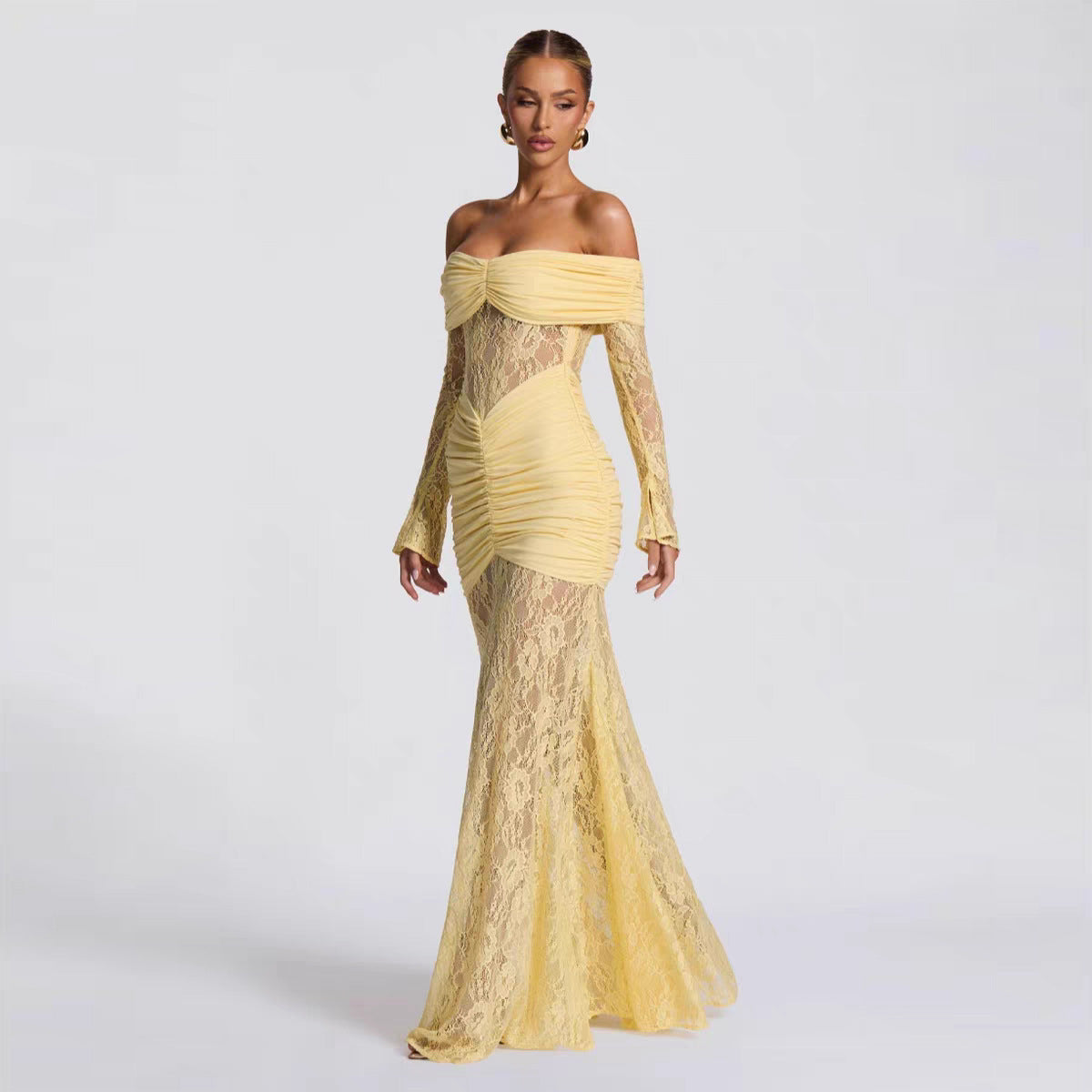 Elegant Lace Splicing One-Shoulder Long Sleeve Bodycon Dress for Women Evening Gown
