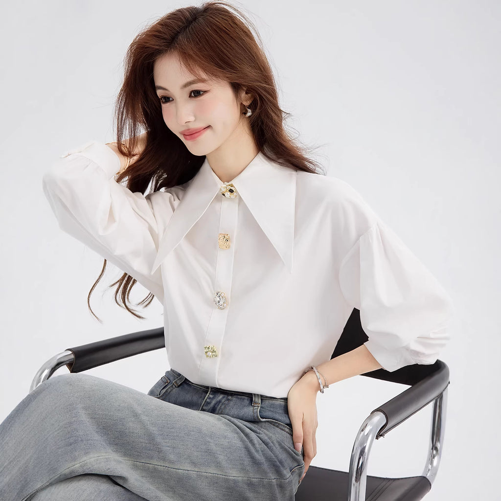 Elegant Luxury Turn-down Collar White Blouse for Women Spring Fashion Stylish Youthful Slim Fit Charming Top
