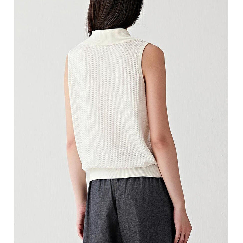 French Hollow-Out Polo Neck Knit Vest for Women, Slim Fit Sleeveless Summer Basic Top Short Upperwear