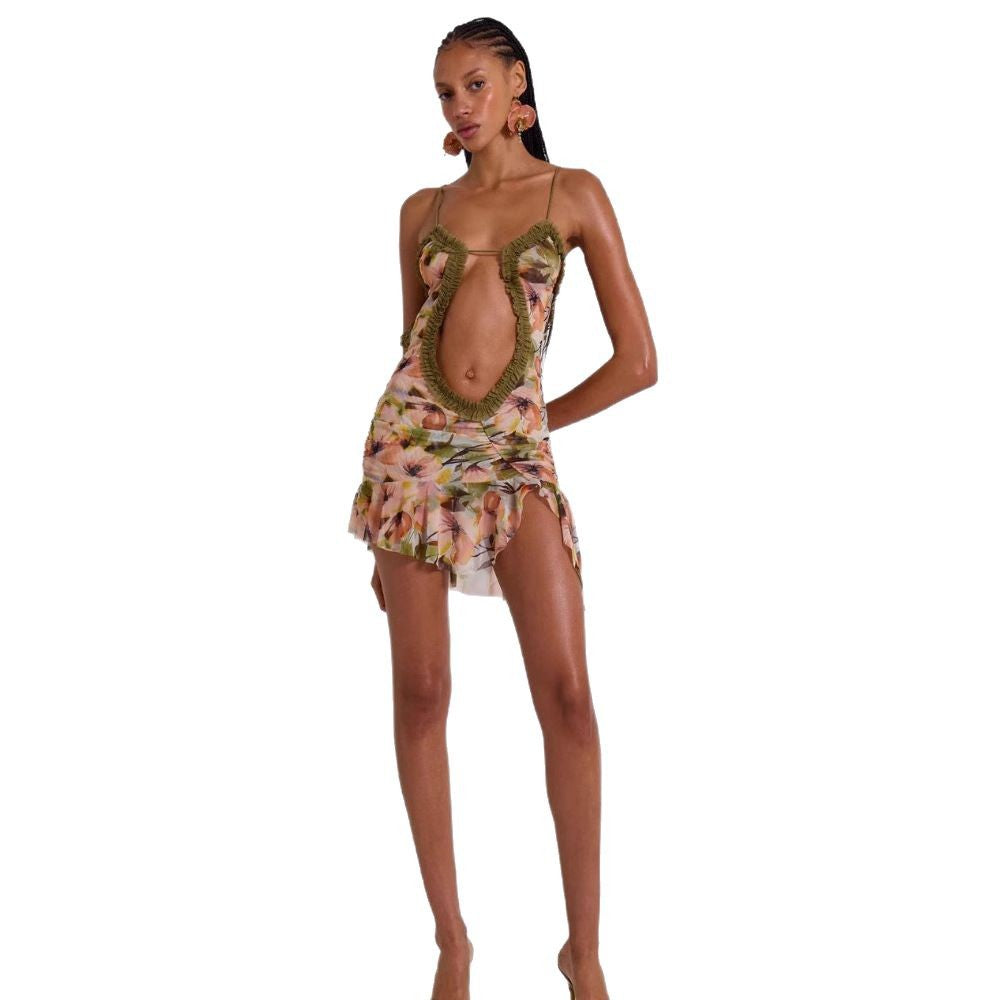 Hollow Out Sexy Printed Thin Strap Mini Dress Women's Backless Sleeveless Fitted Beach Dress Y2K