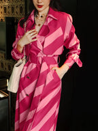 High-end Contrasting Color Striped Trench Coat For Women Lapel Long Sleeve Belt Mid Length Windbreak