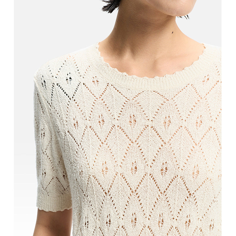 Elegant White Hollow Knit Short Sleeve Top for Women, Fashionable Lightweight and Breathable T-Shirt