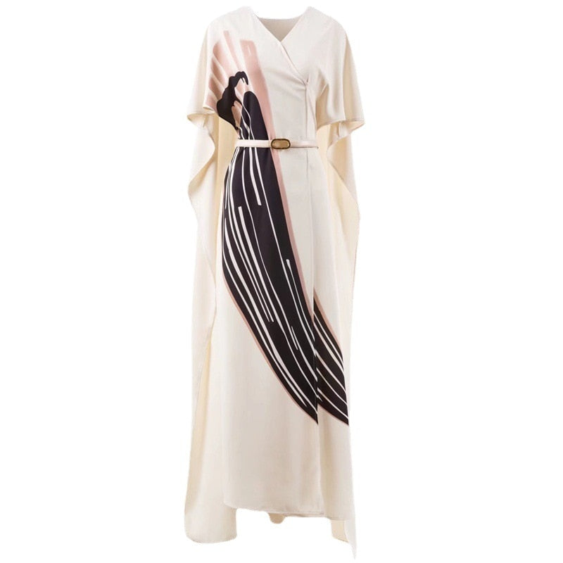 Women's New Summer Sexy V-Neck Waist Tie Print Shawl Maxi Dress