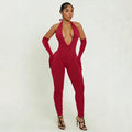 Sexy Solid Color Elegant Halter Neck Fitted Deep V-Neck Backless Jumpsuit for Women