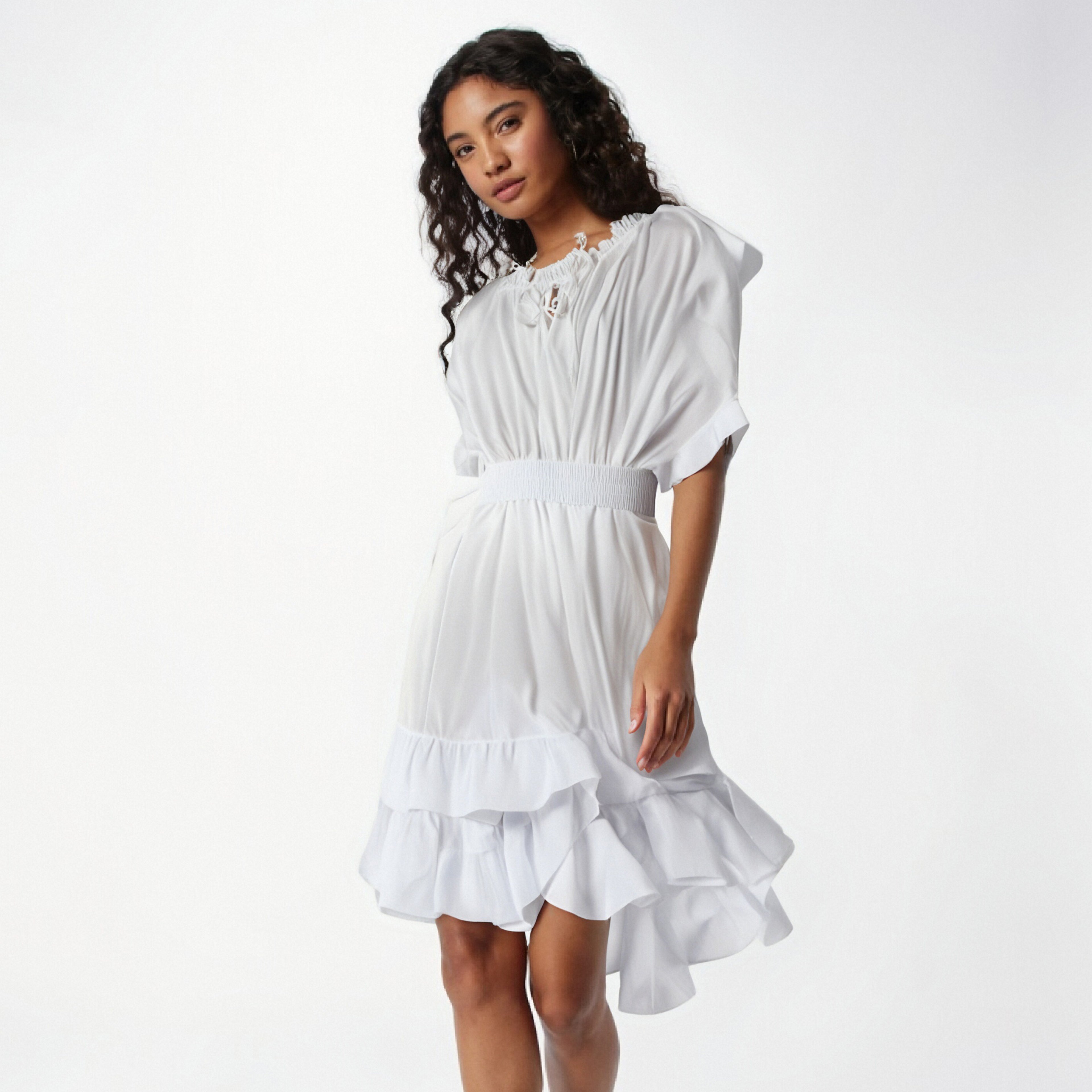 Summer lace up waist ruffled hem fluffy dress