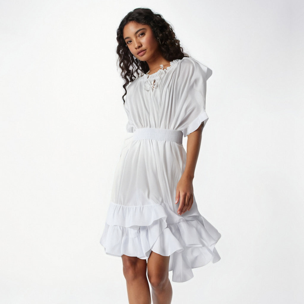 Summer lace up waist ruffled hem fluffy dress