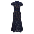Elegant Deep Blue Laser Lace Embroidered Flip Collar Fish Tail Hem Short Sleeve Dress