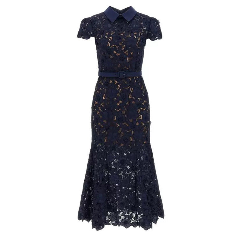 Elegant Deep Blue Laser Lace Embroidered Flip Collar Fish Tail Hem Short Sleeve Dress