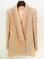 Fashion Designer Women's Shawl Collar Stunning Diamonds Pearls Beaded Blazer Dress