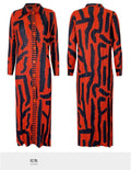 Pleated Women Vintage Printed Dress Turn-down Collar Button Cardigan Single Breasted Coats Designer Aesthetic Long Dress