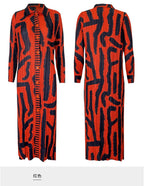 Pleated Women Vintage Printed Dress Turn-down Collar Button Cardigan Single Breasted Coats Designer Aesthetic Long Dress