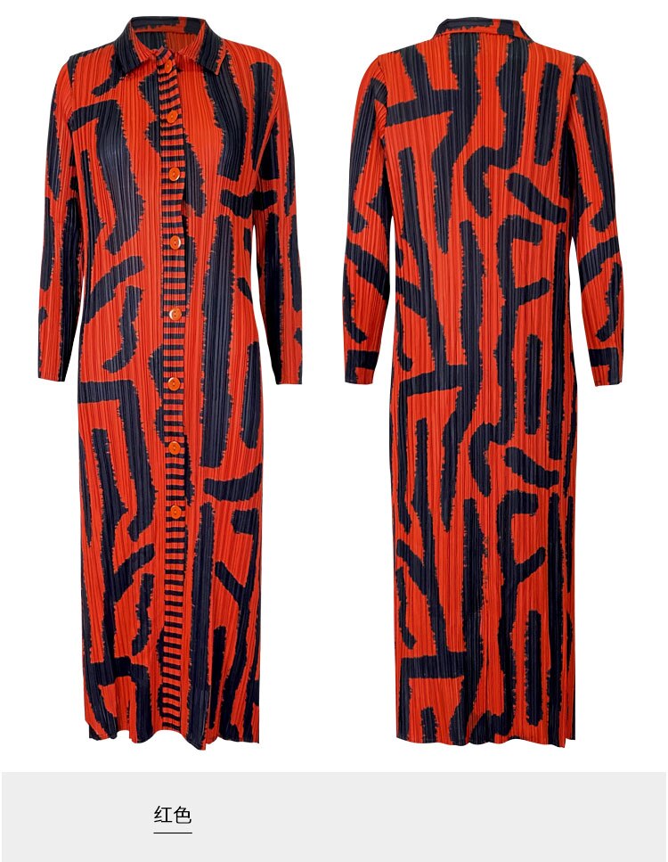 Pleated Women Vintage Printed Dress Turn-down Collar Button Cardigan Single Breasted Coats Designer Aesthetic Long Dress
