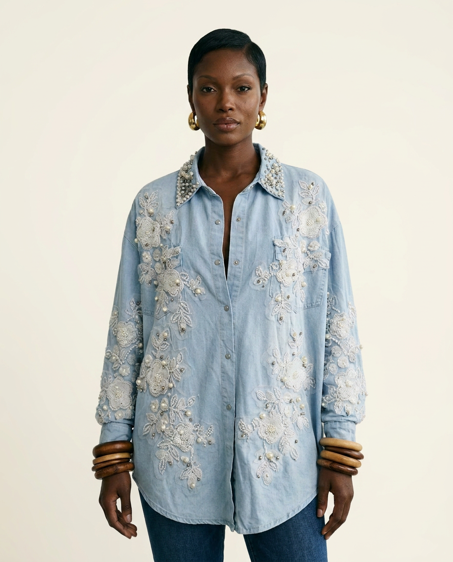 Divine Pearl Floral Denim Blouse-2
