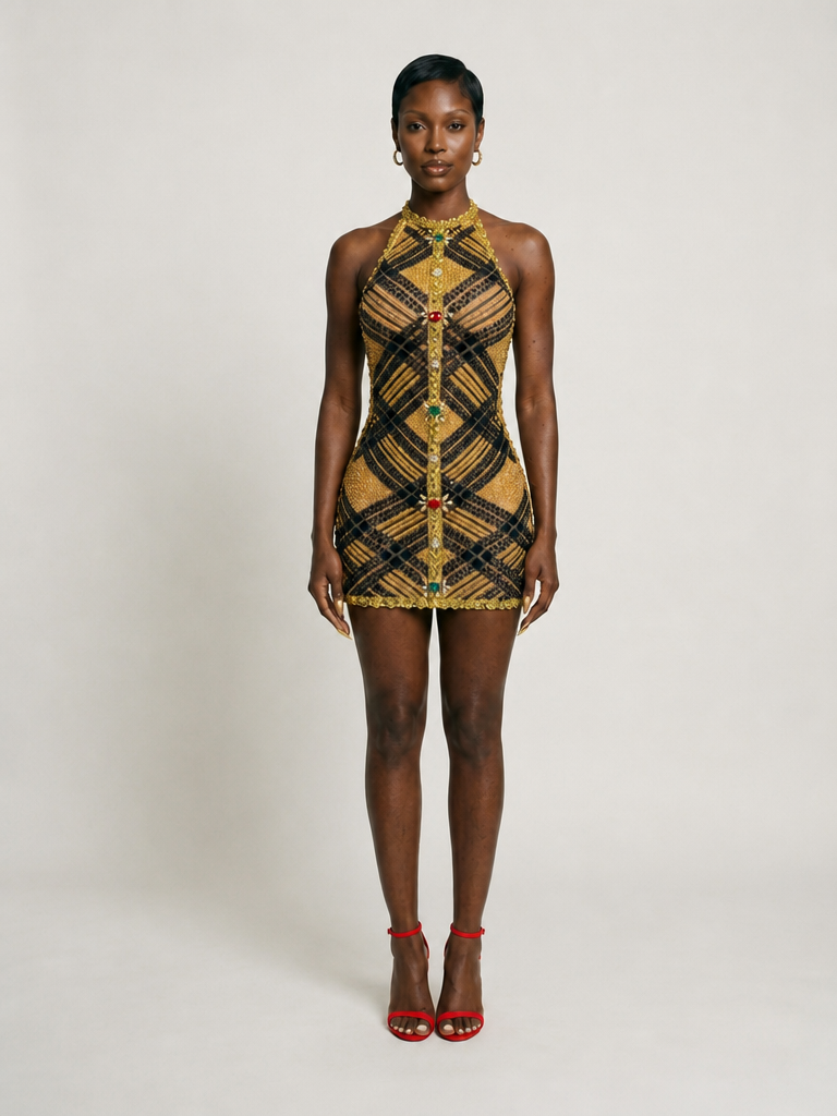 Black & Gold Gem Halter Mini Dress