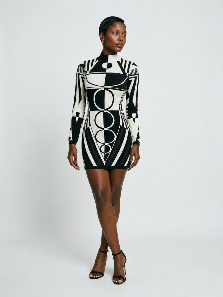Ivory & Black Geometric Knit Dress