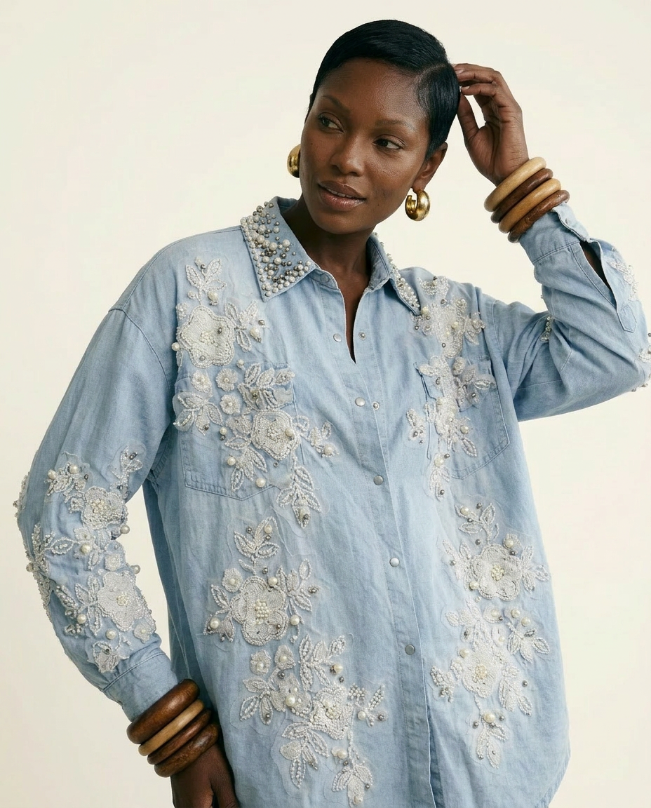 Divine Pearl Floral Denim Blouse-0