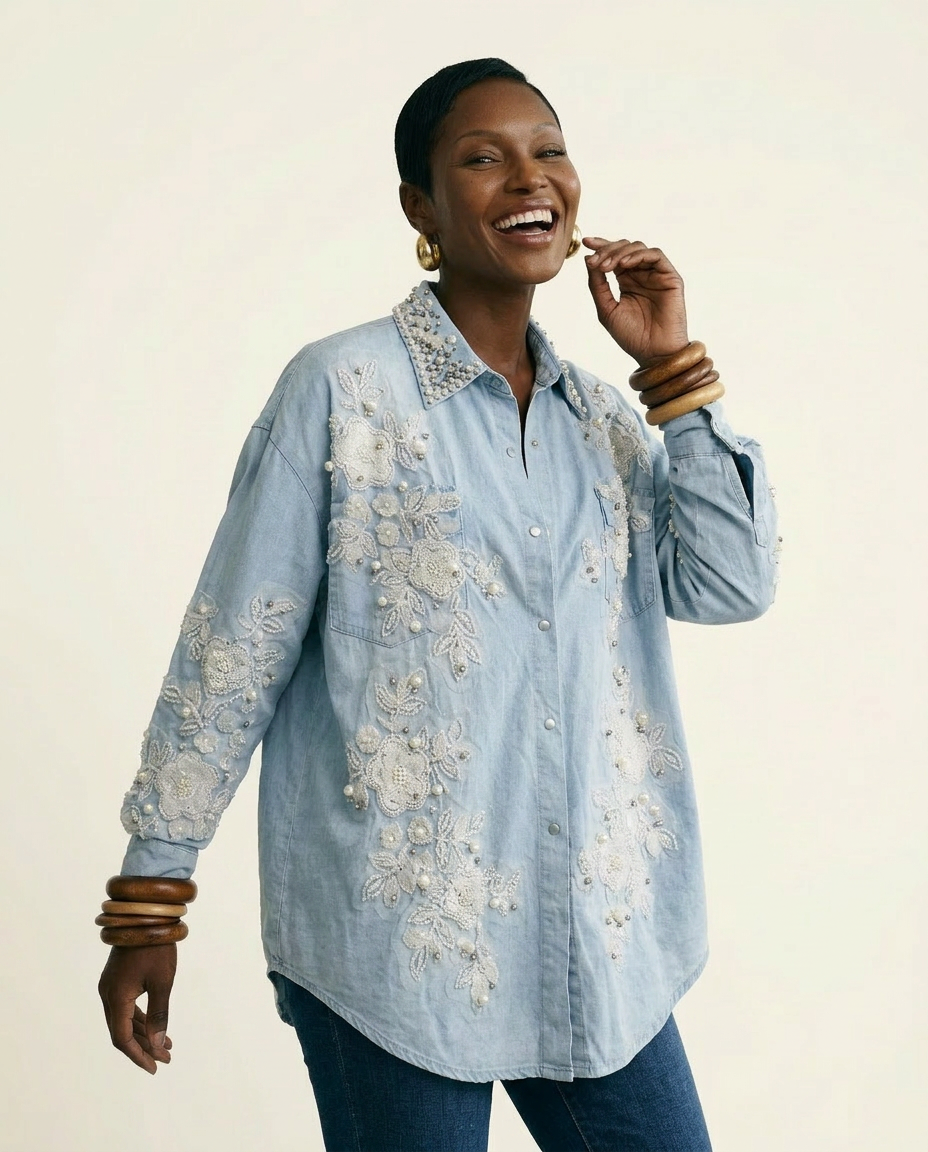Divine Pearl Floral Denim Blouse-1