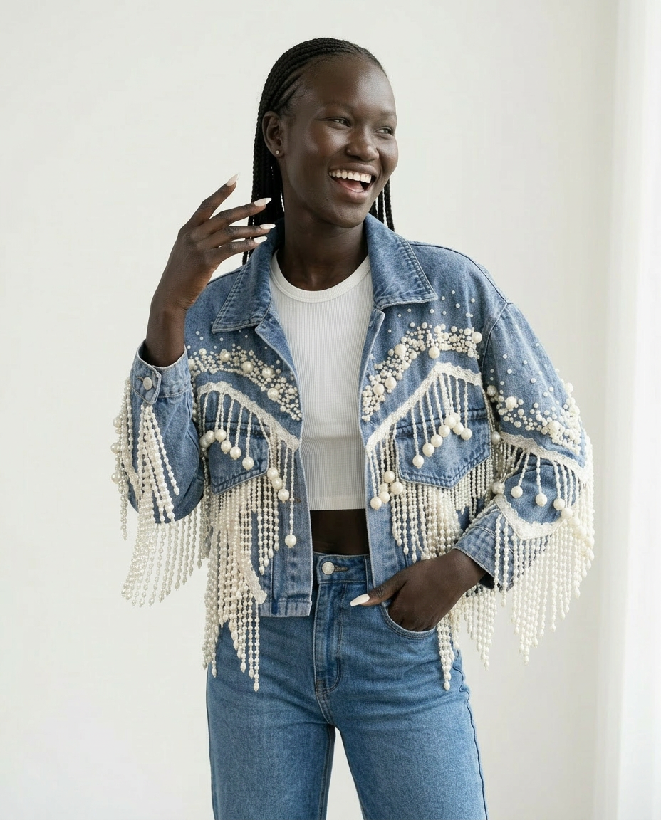 Wild Heart Pearl Tassel Denim Jacket-0