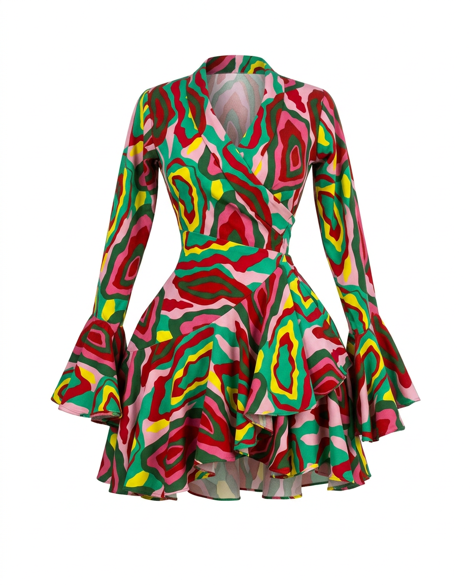 Vibrant Printed Ruffle Wrap Dress-8