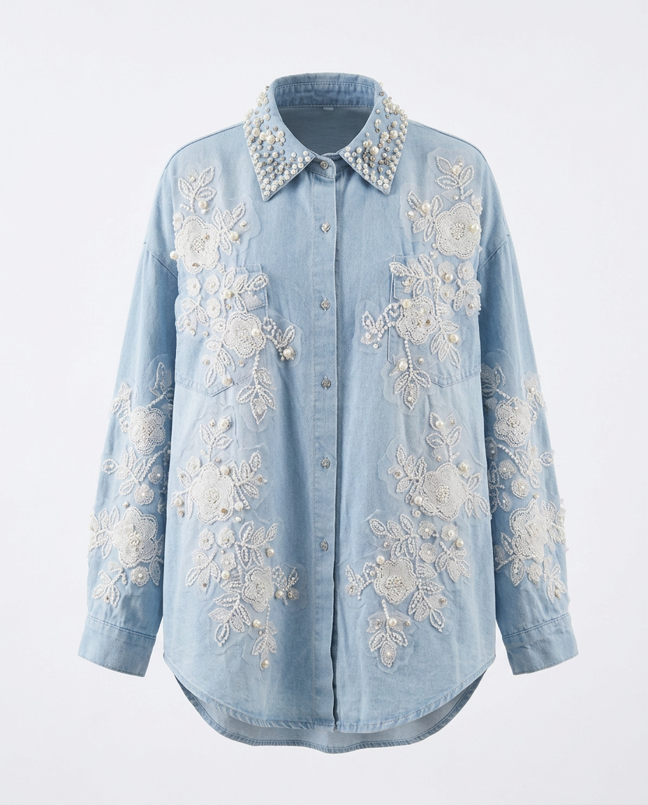 Divine Pearl Floral Denim Blouse-3