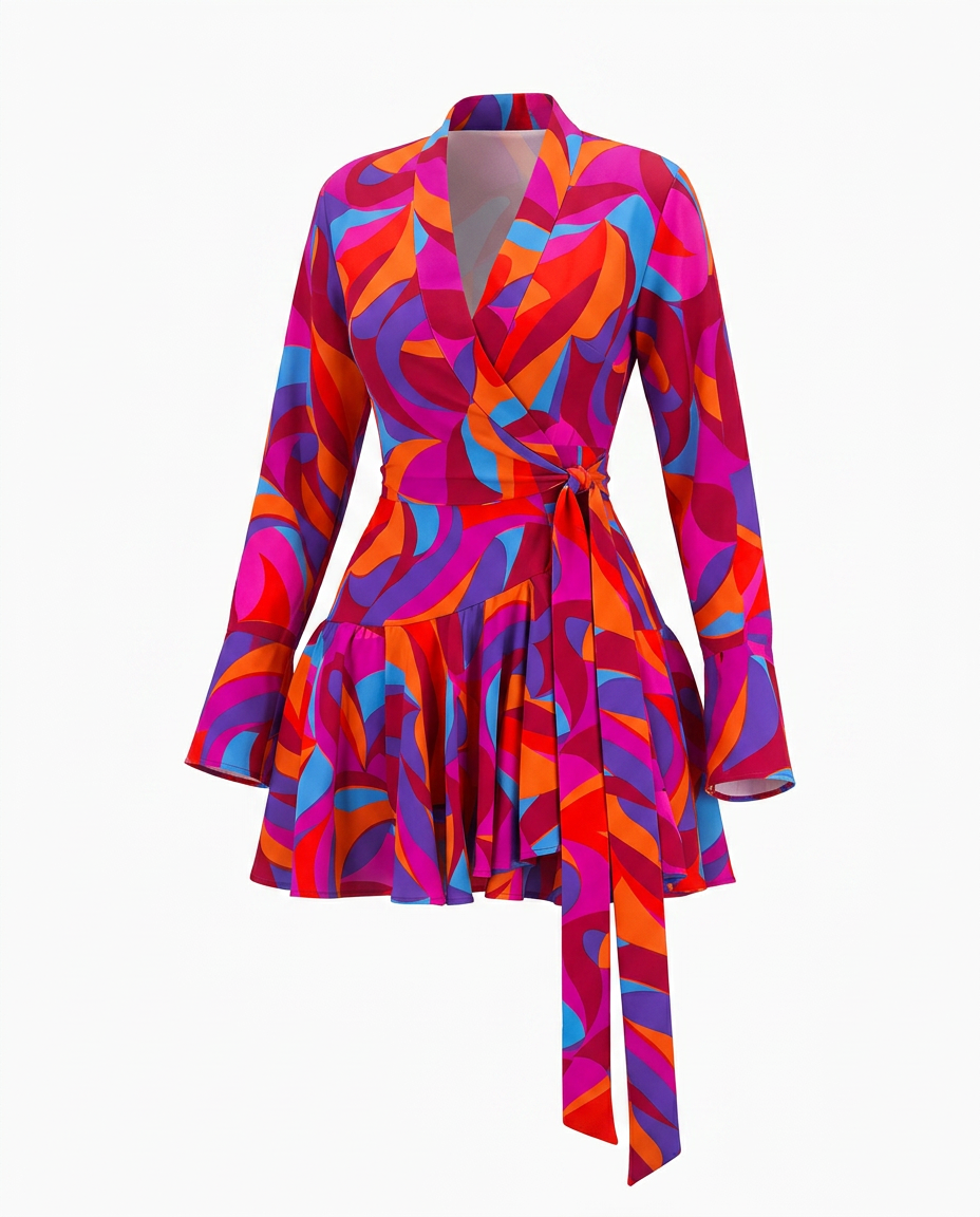 Vibrant Printed Ruffle Wrap Dress-7