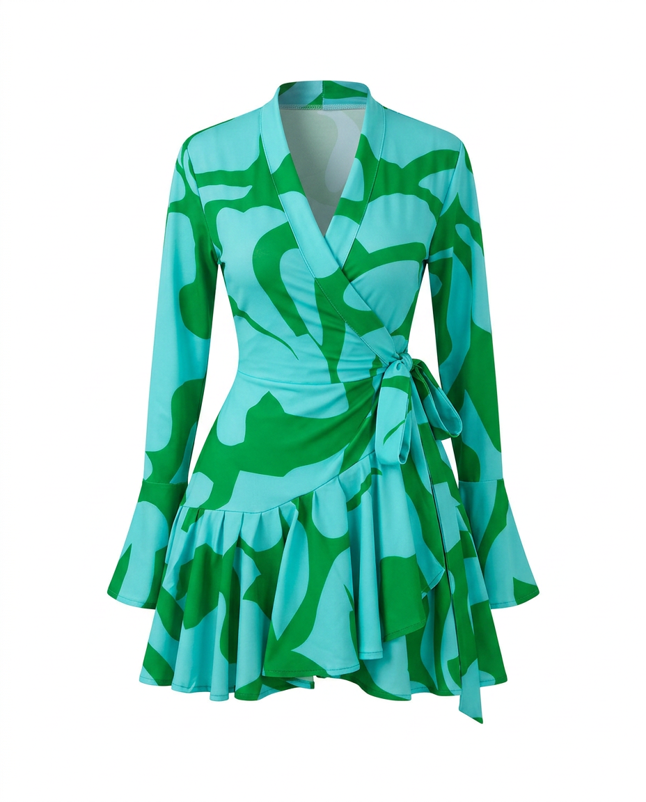 Vibrant Printed Ruffle Wrap Dress-9