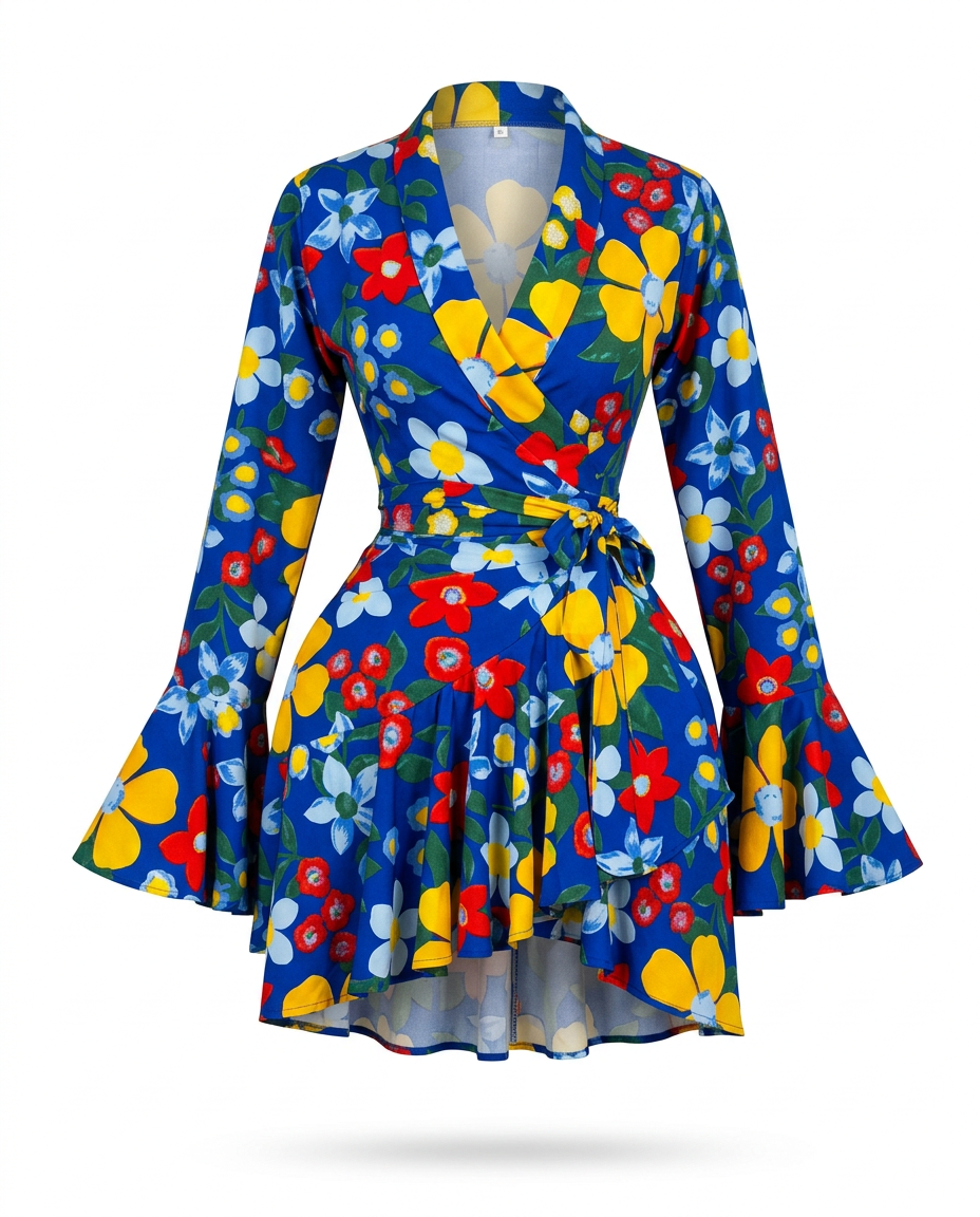 Vibrant Printed Ruffle Wrap Dress-6