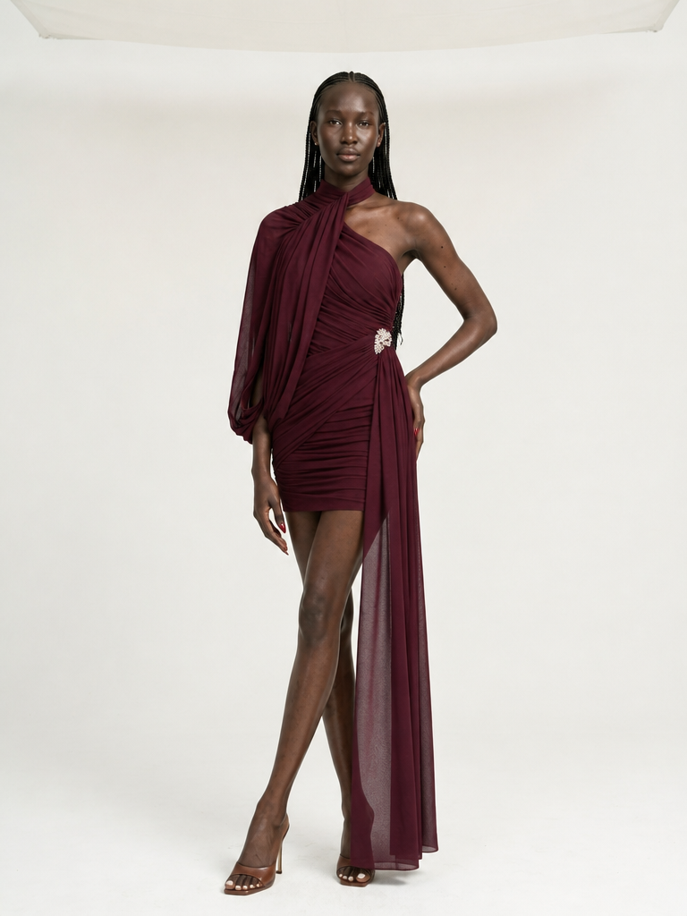Burgundy Ruched Tassel Mini Dress