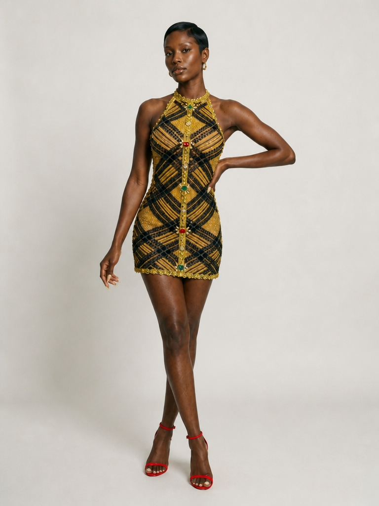 Black & Gold Gem Halter Mini Dress