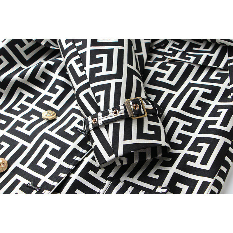 Coat Women's Loose Version Lace Up Spring And Autumn New Heavy Industry Coat Black And White Swastika Pattern