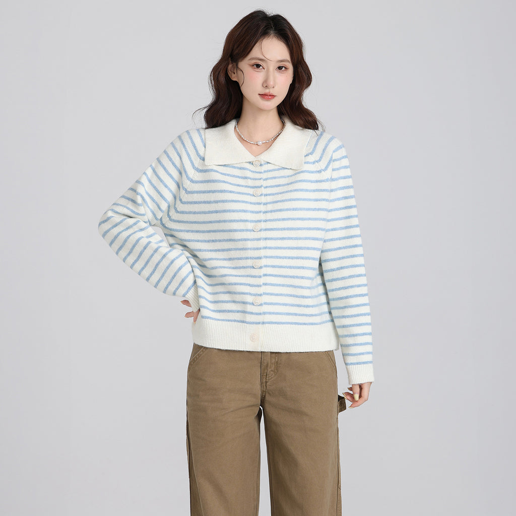 Polo Collar Striped Long Sleeve Knit Cardigan Coat