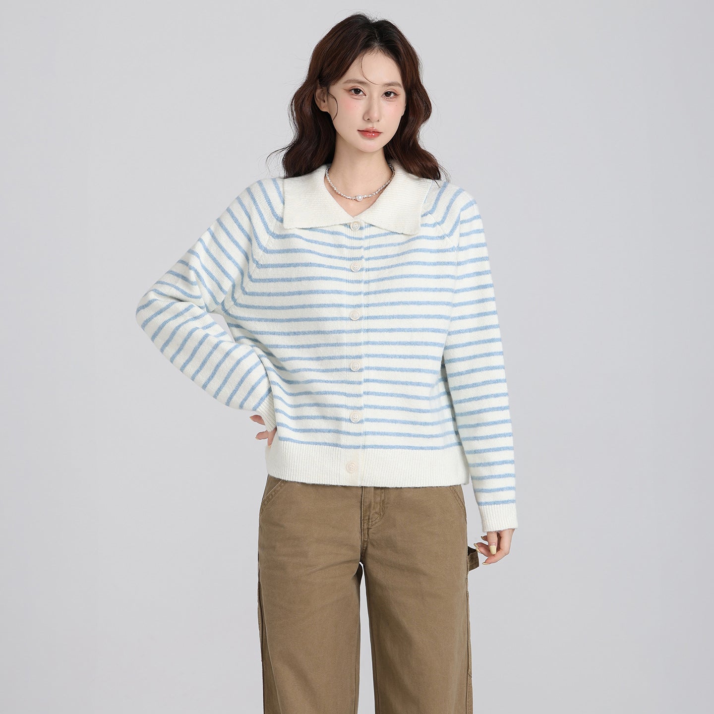 Polo Collar Striped Long Sleeve Knit Cardigan Coat