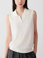 French Hollow-Out Polo Neck Knit Vest for Women, Slim Fit Sleeveless Summer Basic Top Short Upperwear