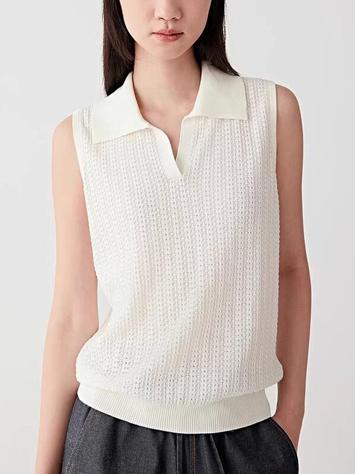 French Hollow-Out Polo Neck Knit Vest for Women, Slim Fit Sleeveless Summer Basic Top Short Upperwear