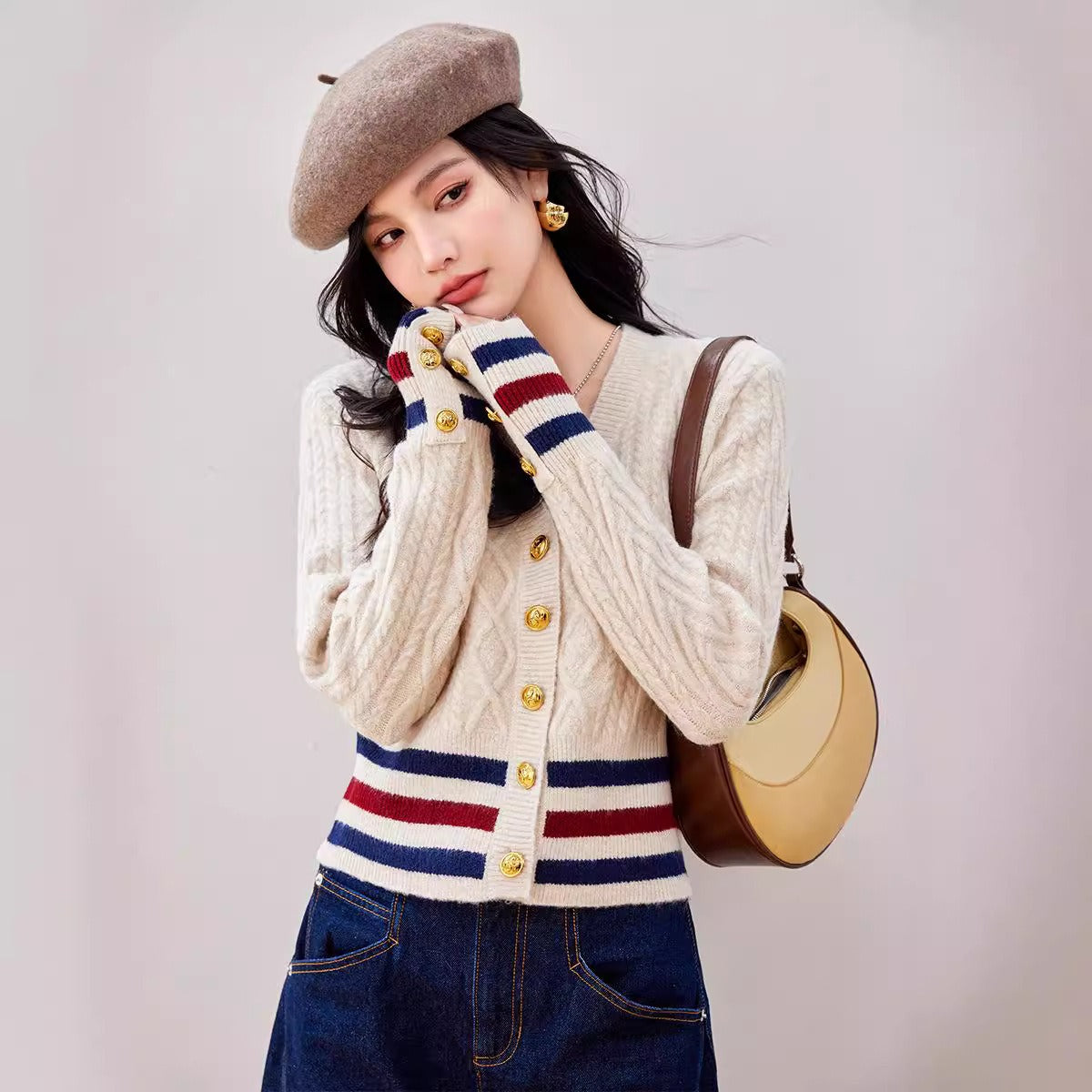Trendy contrasting design with spliced colorful stripes V-neck short cardigan sweater for women