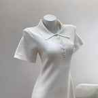 Elegant French Turn-Down Collar Polo Knitted Pleated Dress for Tennis and Golf White Casual Style