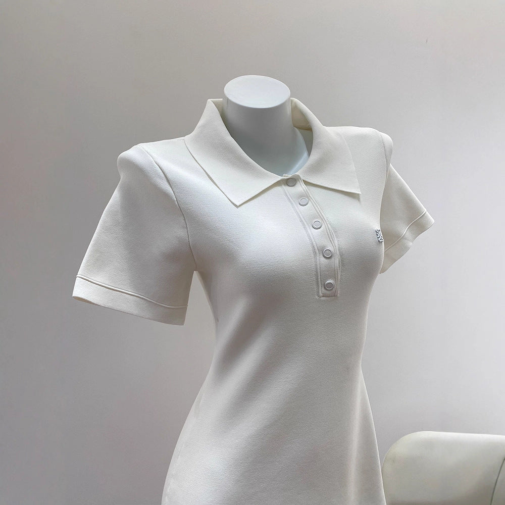 Elegant French Turn-Down Collar Polo Knitted Pleated Dress for Tennis and Golf White Casual Style