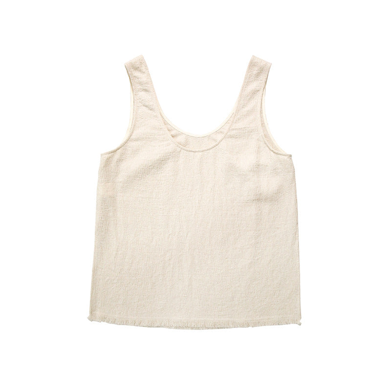 High-end Ramie Knit Women's Top Round Neck Strap Side Slit Design Fringe Sleeveless Blouse