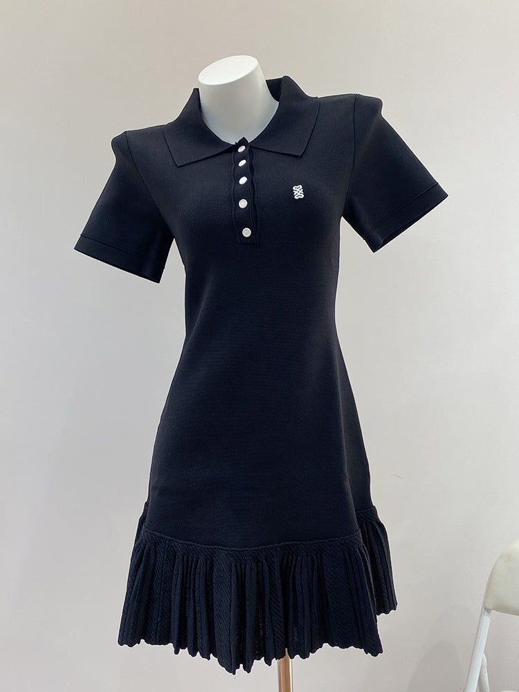 South Oil Style SDmiddot;Early Autumn Polo Collar Pleated Dress Solid Color Tennis Golf Women's Knit Dress