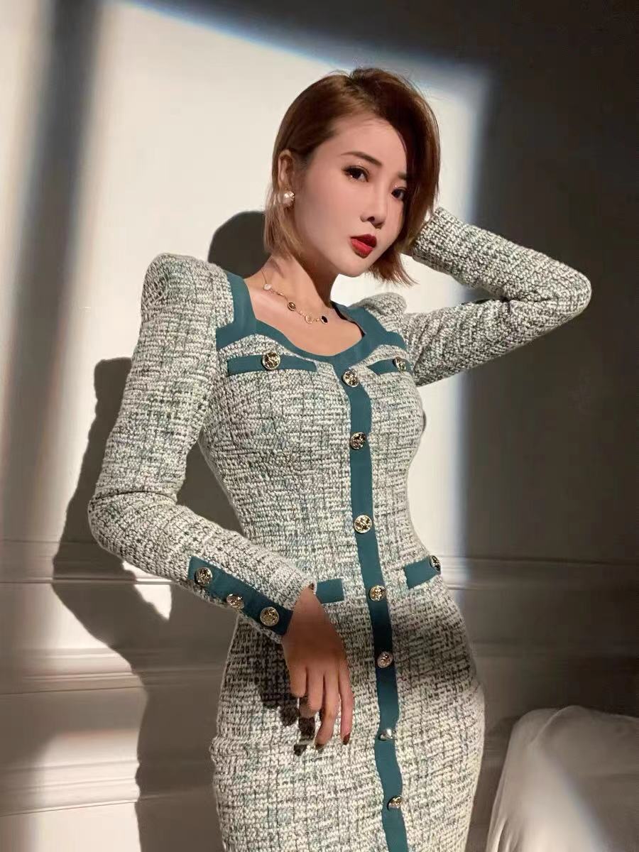 Vintage Square Collar Sweater Dress Women Designer Button Up Long Sleeve Autumn Winter Clothes Casual Traf Midi Dresses