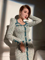 Vintage Square Collar Sweater Dress Women Designer Button Up Long Sleeve Autumn Winter Clothes Casual Traf Midi Dresses