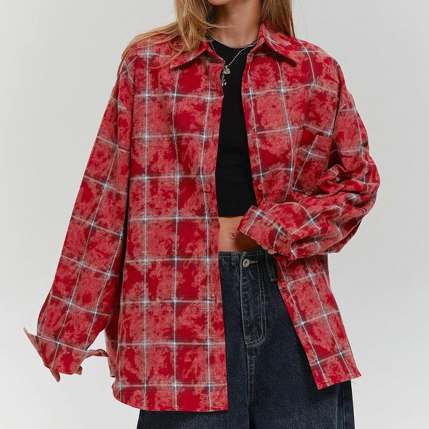 Retro Classic Cotton Red Plaid Shirt Summer New Street Head Style Old cardigan Flip Collar Commuter Shirt Women
