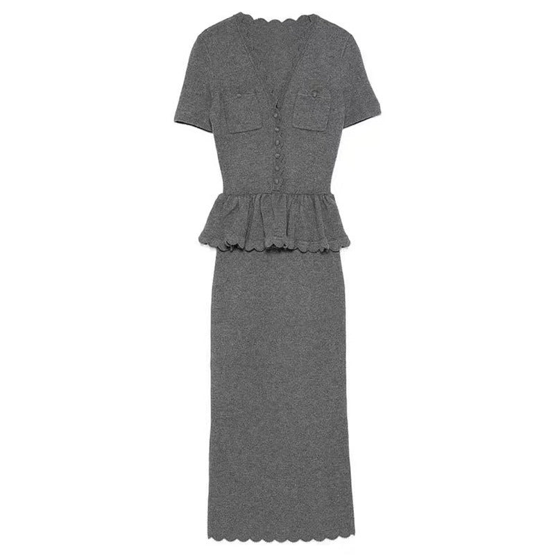 Elegant Gray Chiffon Office Dress for Petite Women, Slim Fit, Spring Casual Wear