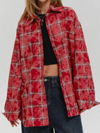 Retro Classic Cotton Red Plaid Shirt Summer New Street Head Style Old cardigan Flip Collar Commuter Shirt Women