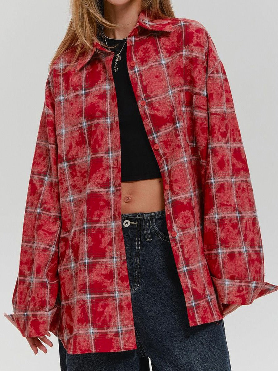 Retro Classic Cotton Red Plaid Shirt Summer New Street Head Style Old cardigan Flip Collar Commuter Shirt Women